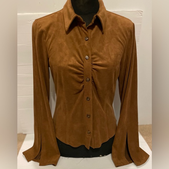 F.L.Malik Women’s Brown L/S Suede Stretch Button Up w/Collar Bell Sleeves Top S - Picture 2 of 16